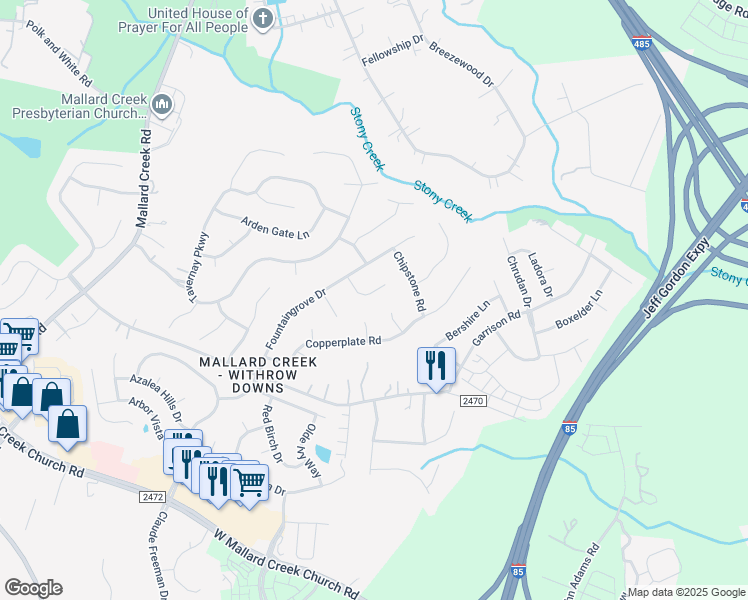 map of restaurants, bars, coffee shops, grocery stores, and more near 2125 Priory Court in Charlotte