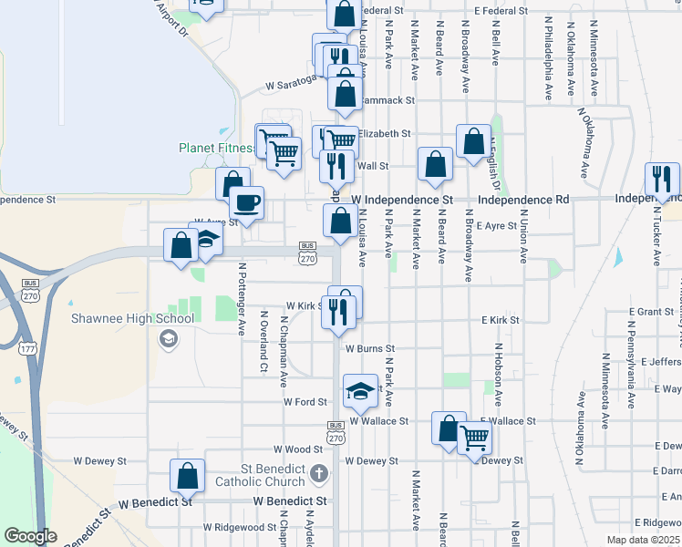map of restaurants, bars, coffee shops, grocery stores, and more near 1141 North Kickapoo Avenue in Shawnee