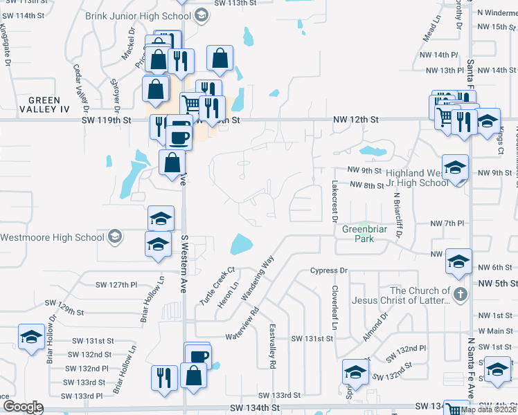 map of restaurants, bars, coffee shops, grocery stores, and more near 12317 Greenlea Chase West in Oklahoma City