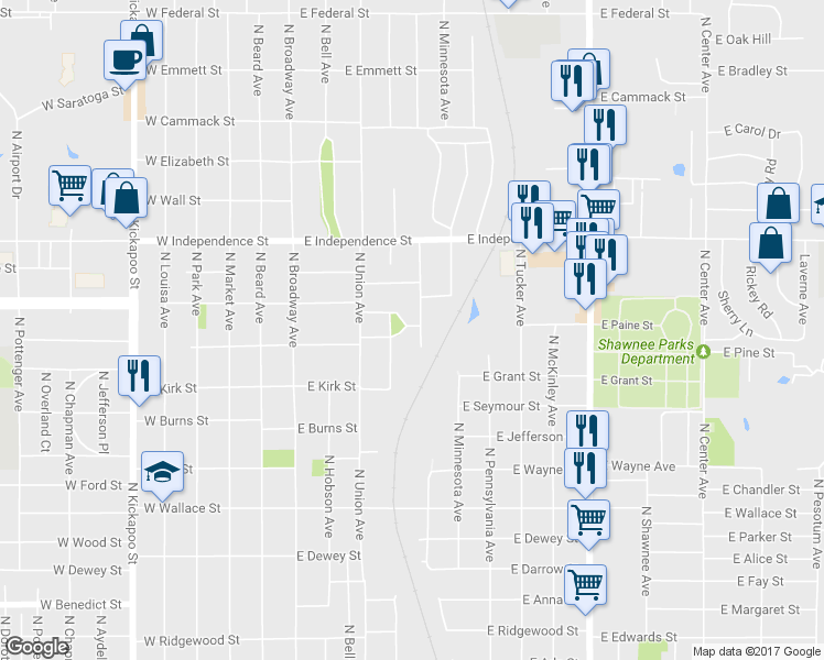 map of restaurants, bars, coffee shops, grocery stores, and more near 9 East Park Drive in Shawnee