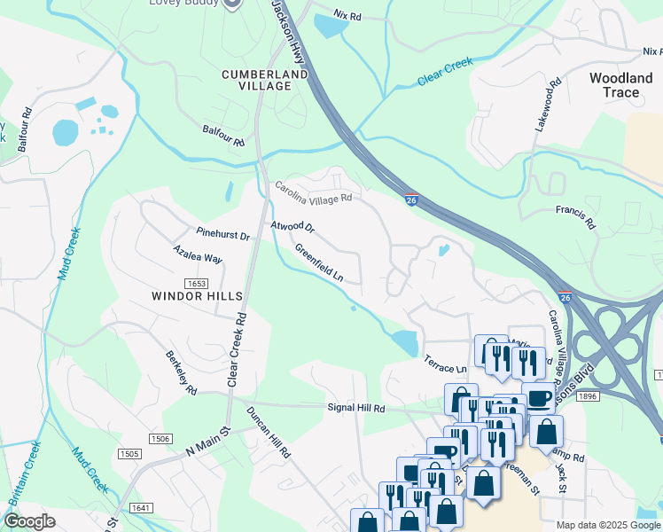 map of restaurants, bars, coffee shops, grocery stores, and more near 129 Greenfield Lane in Hendersonville