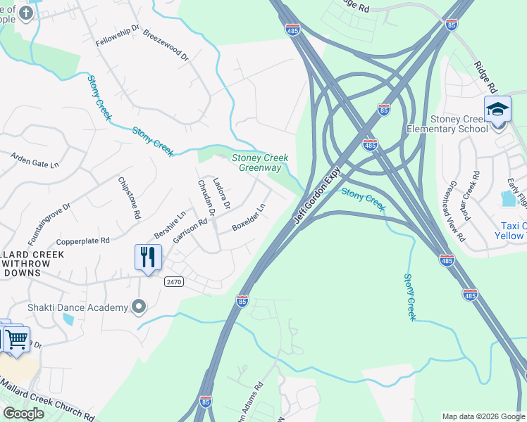 map of restaurants, bars, coffee shops, grocery stores, and more near 13624 Whitebark Court in Charlotte