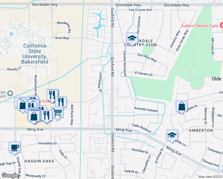 map of restaurants, bars, coffee shops, grocery stores, and more near Gosford Road & Camino Media in Bakersfield