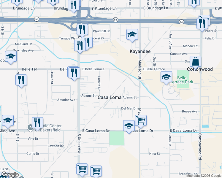 map of restaurants, bars, coffee shops, grocery stores, and more near 1005 Bunting Drive in Bakersfield