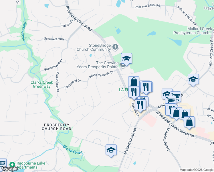 map of restaurants, bars, coffee shops, grocery stores, and more near 10010 Gardendale Court in Charlotte