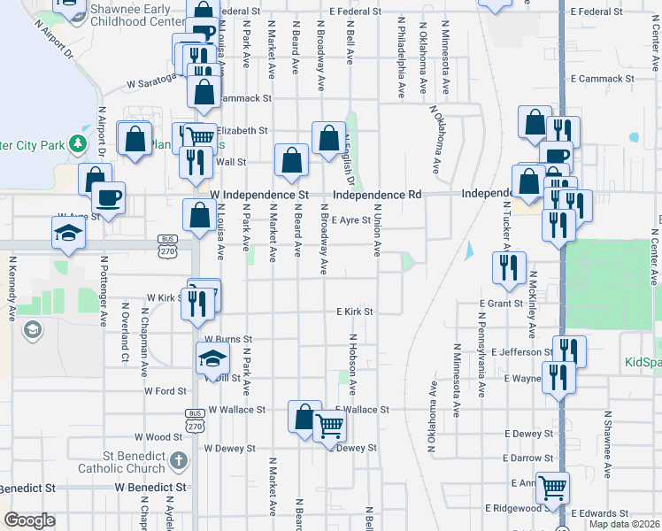 map of restaurants, bars, coffee shops, grocery stores, and more near 1220 North Broadway Avenue in Shawnee