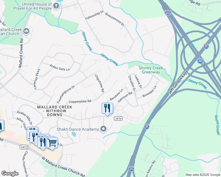 map of restaurants, bars, coffee shops, grocery stores, and more near 1612 Copperplate Road in Charlotte