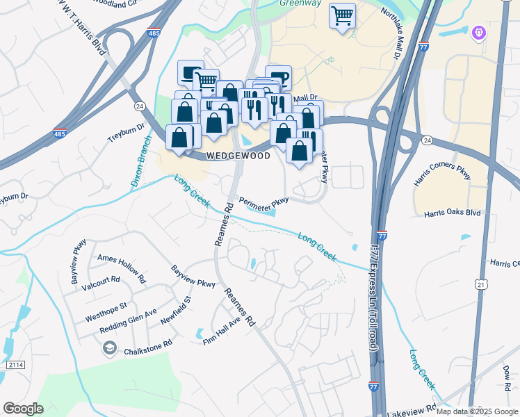 map of restaurants, bars, coffee shops, grocery stores, and more near 9978-10128 Perimeter Parkway in Charlotte