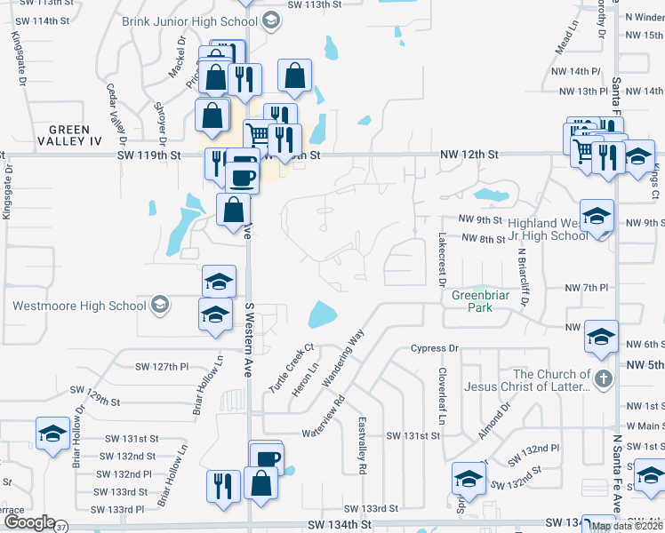 map of restaurants, bars, coffee shops, grocery stores, and more near 12317 Greenlea Chase West in Oklahoma City
