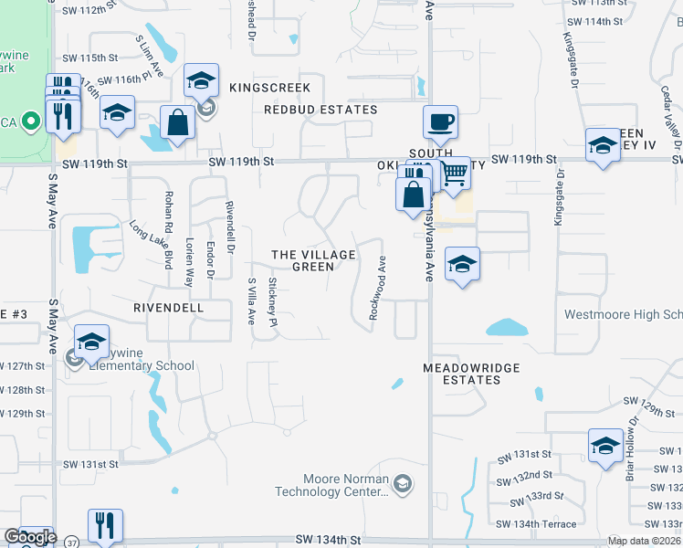 map of restaurants, bars, coffee shops, grocery stores, and more near 2301 Southwest 122nd Place in Oklahoma City