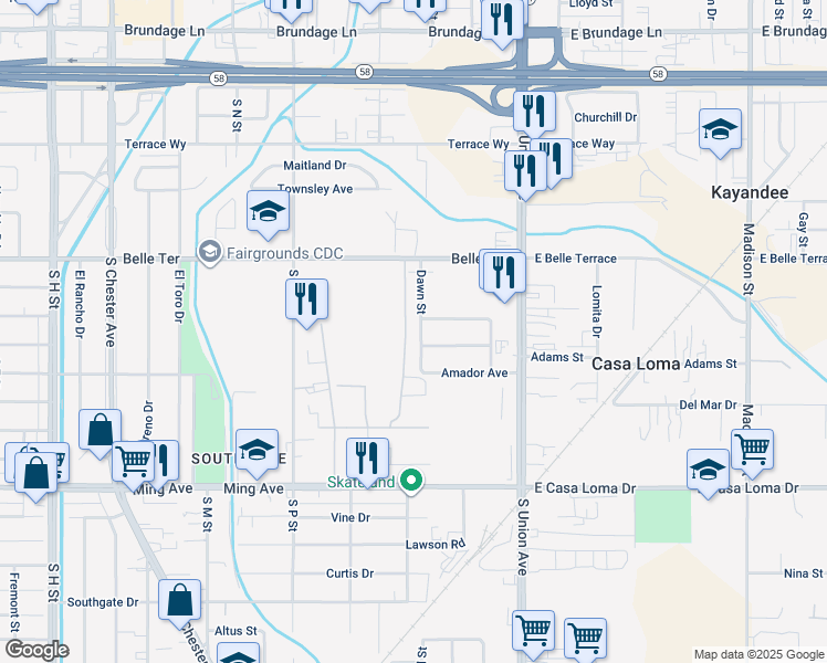map of restaurants, bars, coffee shops, grocery stores, and more near 1113 Dawn Street in Bakersfield
