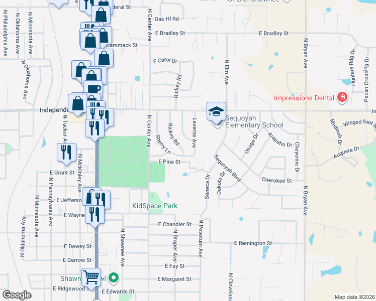 map of restaurants, bars, coffee shops, grocery stores, and more near 1303 Rickey Road in Shawnee