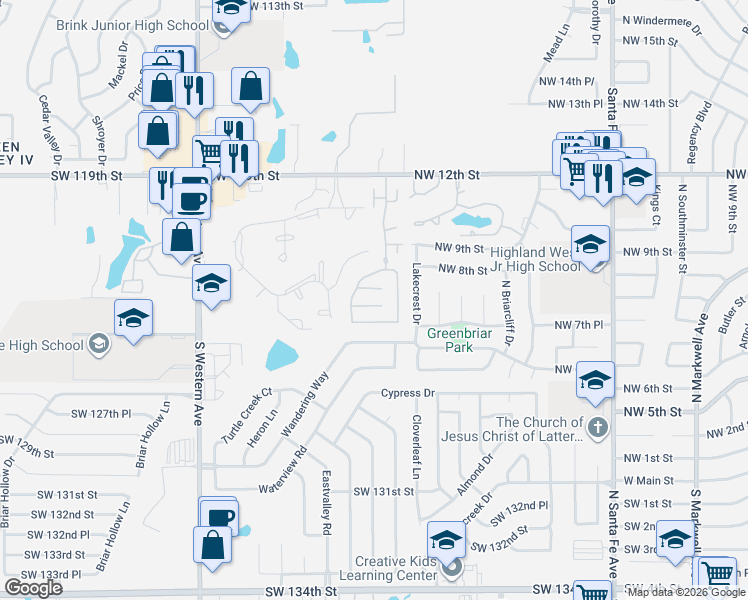 map of restaurants, bars, coffee shops, grocery stores, and more near 513 Southwest 124th Place in Oklahoma City