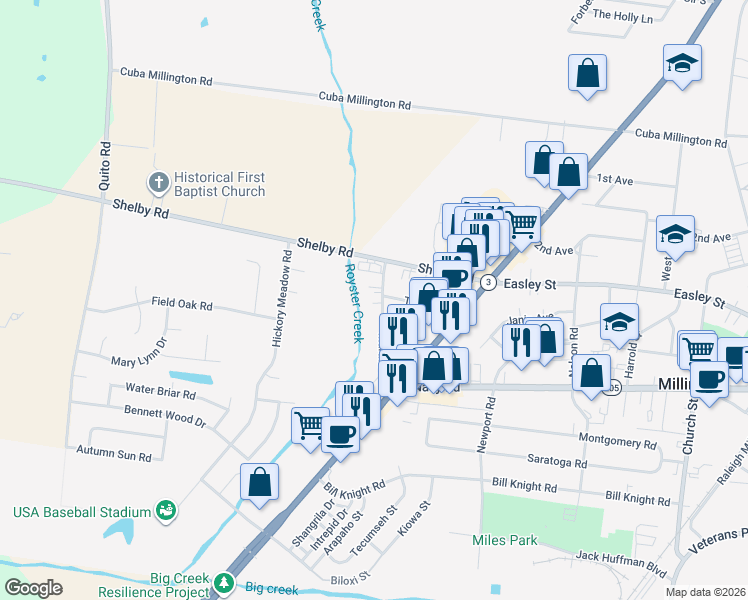 map of restaurants, bars, coffee shops, grocery stores, and more near 7997 Martha Road in Millington