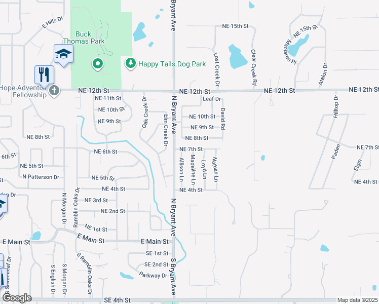 map of restaurants, bars, coffee shops, grocery stores, and more near 629 Madeline Lane in Moore