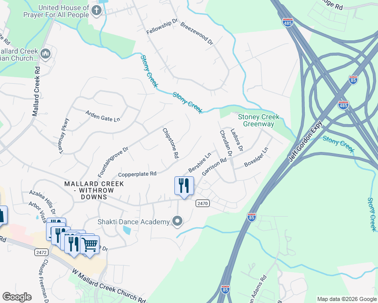 map of restaurants, bars, coffee shops, grocery stores, and more near 1612 Copperplate Road in Charlotte