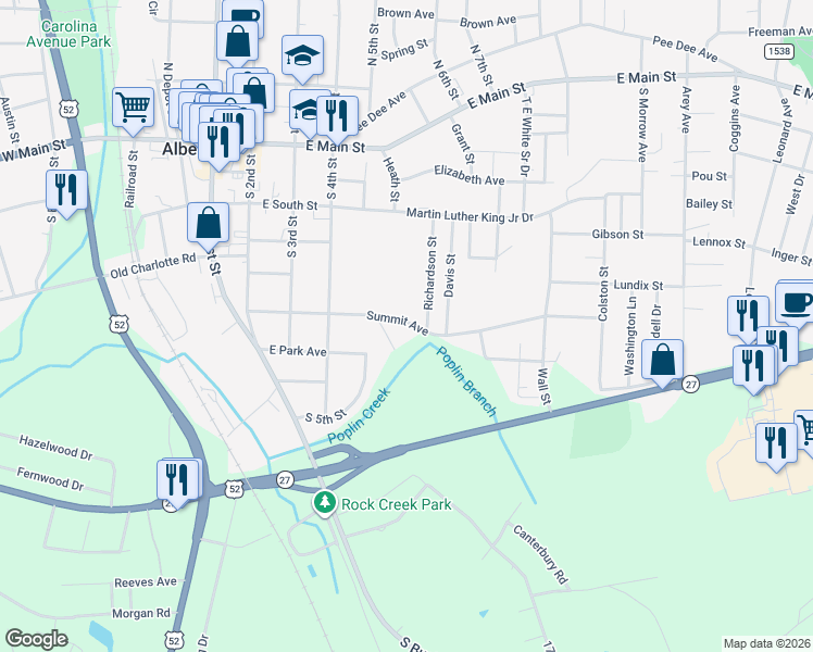 map of restaurants, bars, coffee shops, grocery stores, and more near 427 Summit Avenue in Albemarle