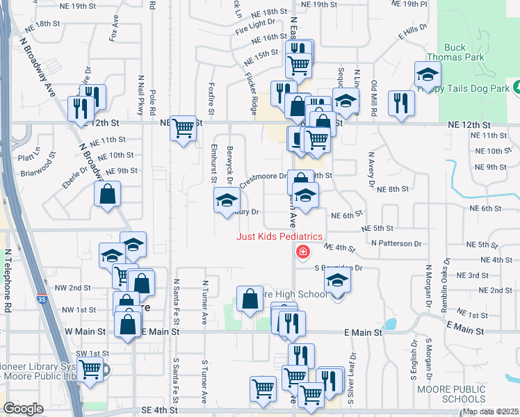 map of restaurants, bars, coffee shops, grocery stores, and more near 605 Century Drive in Moore