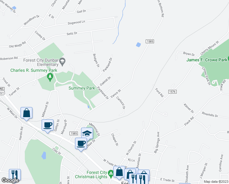 map of restaurants, bars, coffee shops, grocery stores, and more near 385 Vance Street in Forest City