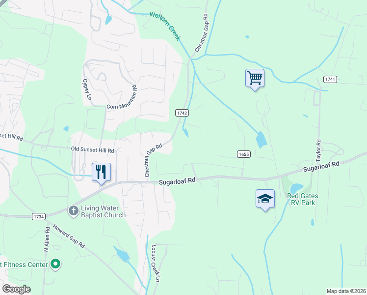 map of restaurants, bars, coffee shops, grocery stores, and more near 1543 Chestnut Gap Road in Hendersonville