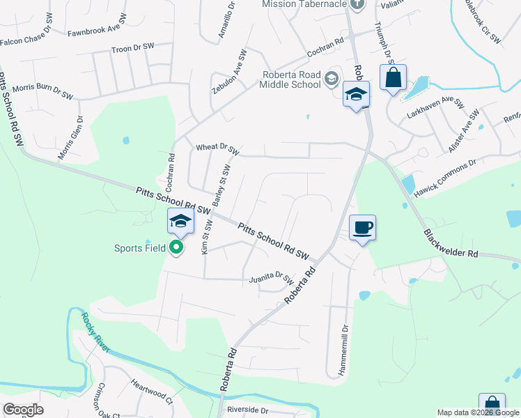 map of restaurants, bars, coffee shops, grocery stores, and more near 5314 Hackberry Lane Southwest in Concord