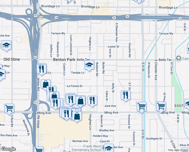 map of restaurants, bars, coffee shops, grocery stores, and more near 1005 Baldwin Road in Bakersfield