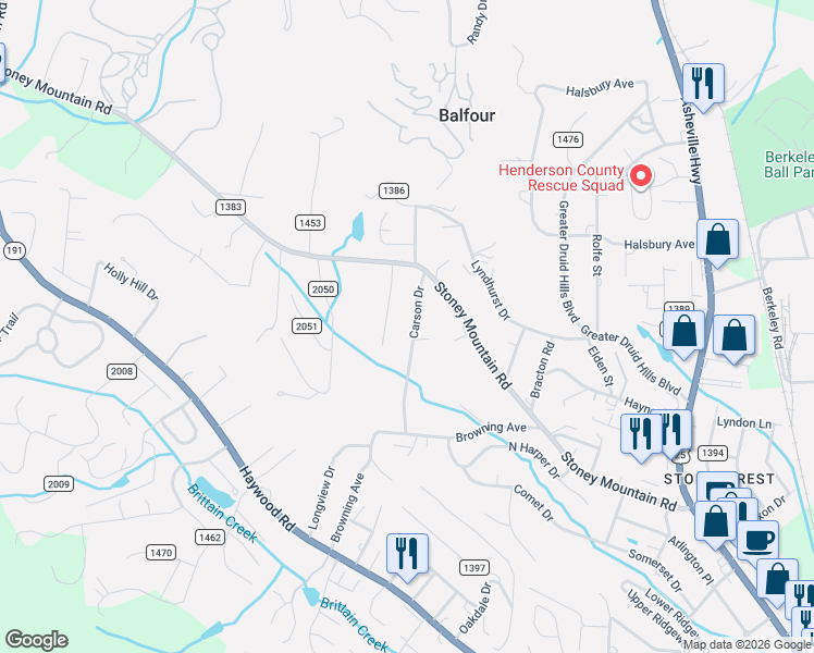map of restaurants, bars, coffee shops, grocery stores, and more near 527 Carson Drive in Hendersonville