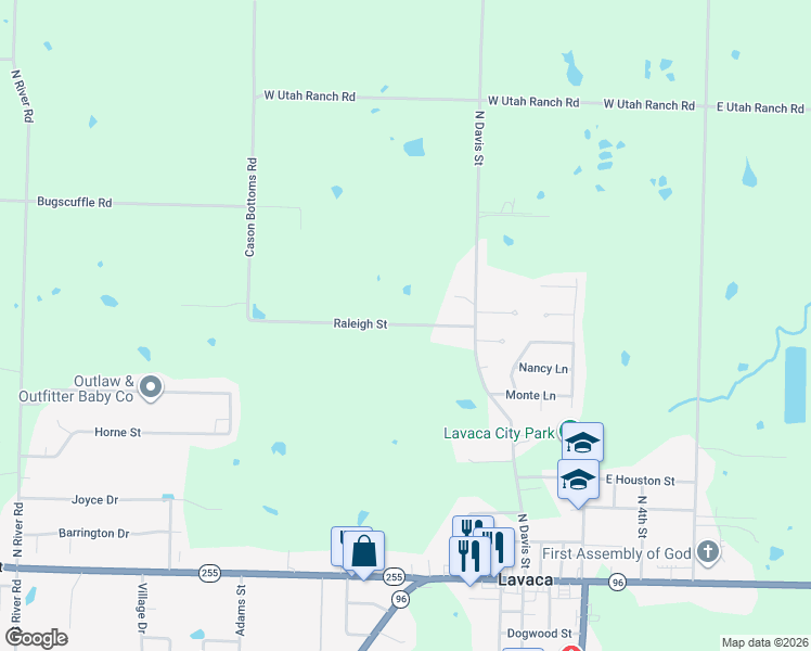 map of restaurants, bars, coffee shops, grocery stores, and more near 1101 Raleigh Street in Lavaca