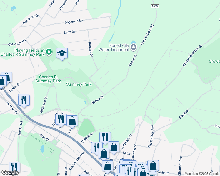 map of restaurants, bars, coffee shops, grocery stores, and more near 385 Vance Street in Forest City