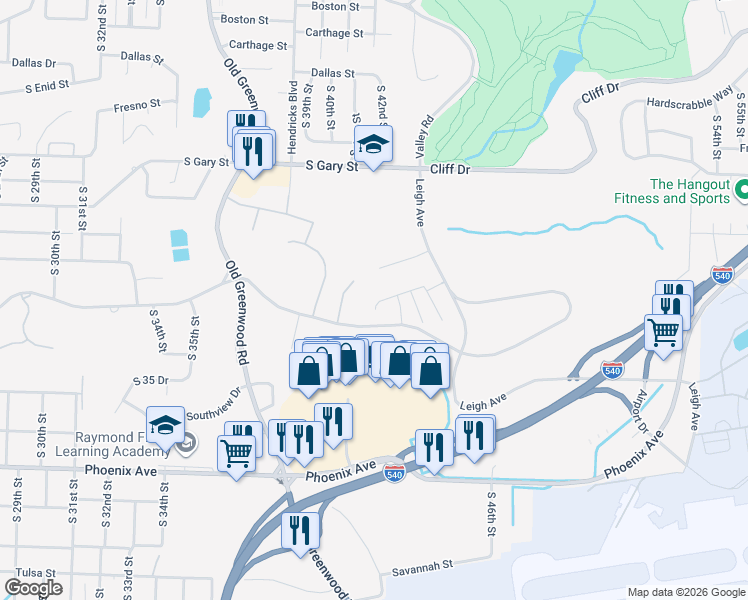 map of restaurants, bars, coffee shops, grocery stores, and more near 4005 Seminole Circle in Fort Smith