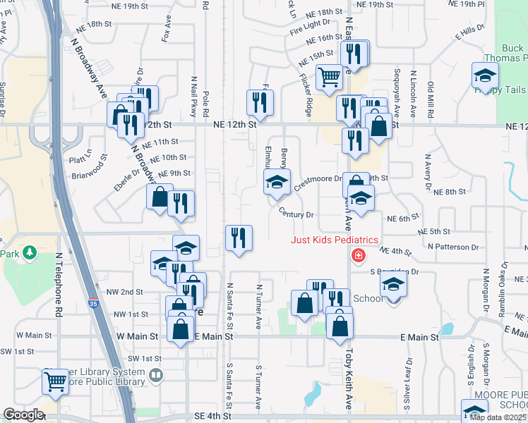 map of restaurants, bars, coffee shops, grocery stores, and more near 917 Crestmoor Drive in Moore