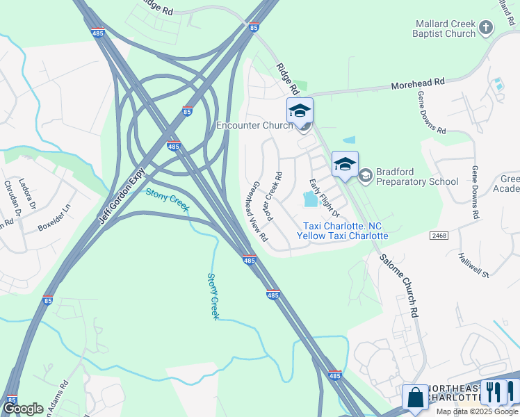 map of restaurants, bars, coffee shops, grocery stores, and more near 10801 Greenhead View Road in Charlotte