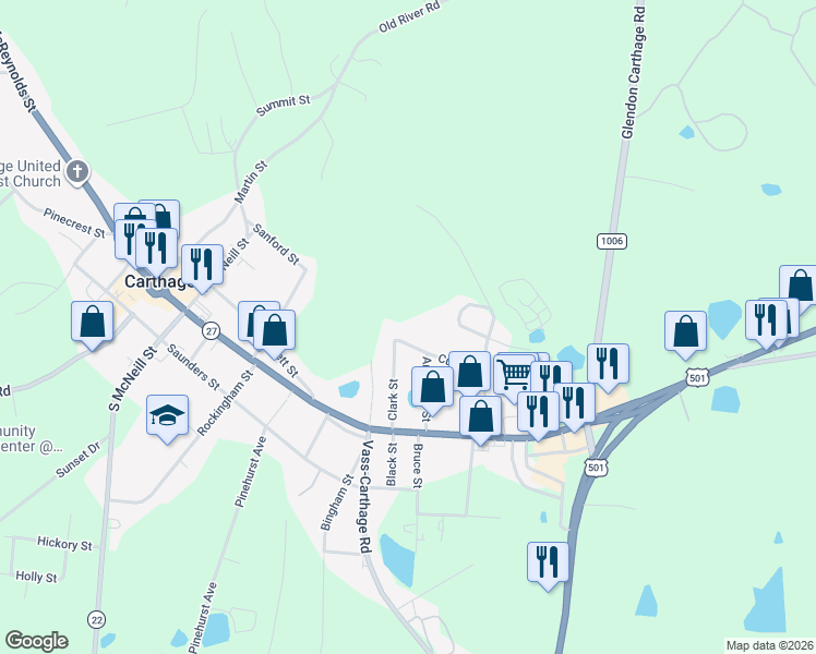 map of restaurants, bars, coffee shops, grocery stores, and more near 802 Currie Street in Carthage