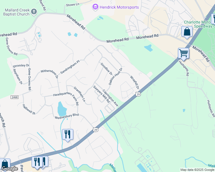 map of restaurants, bars, coffee shops, grocery stores, and more near 12419 Oakton Hunt Drive in Charlotte