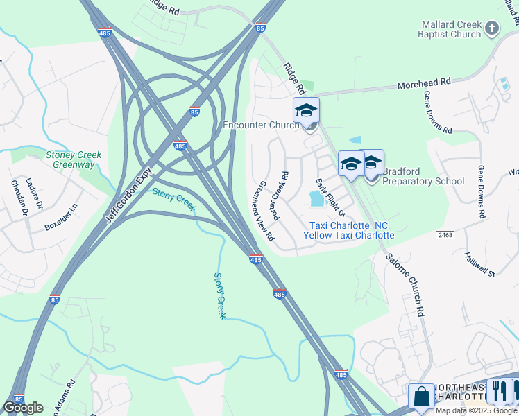 map of restaurants, bars, coffee shops, grocery stores, and more near 10801 Greenhead View Rd in Charlotte