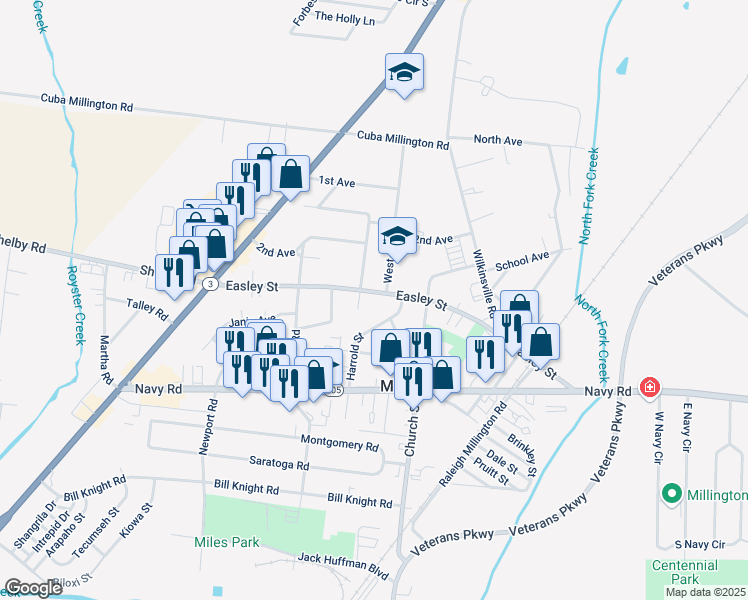 map of restaurants, bars, coffee shops, grocery stores, and more near 7998 Quinn Circle in Millington