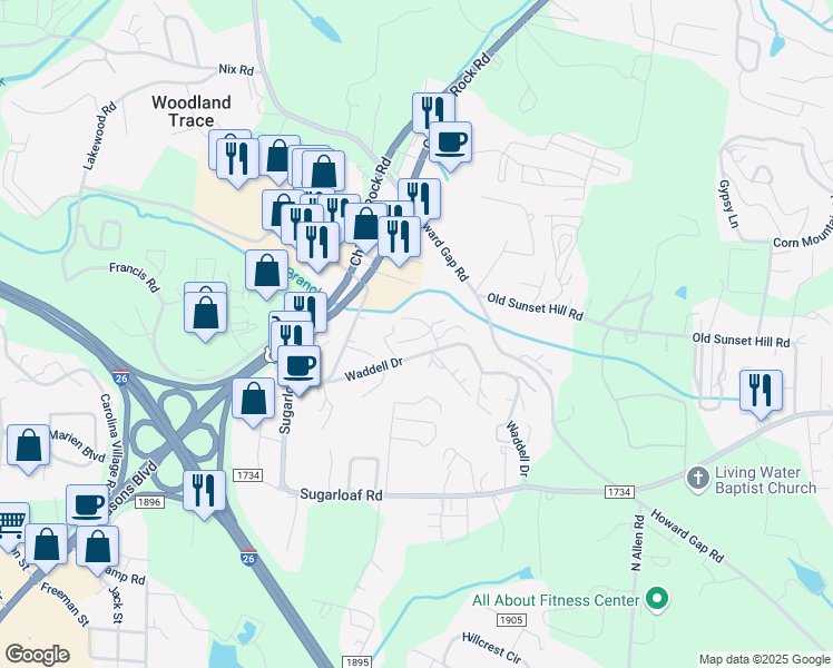 map of restaurants, bars, coffee shops, grocery stores, and more near 24 Nuthatch Road in Hendersonville