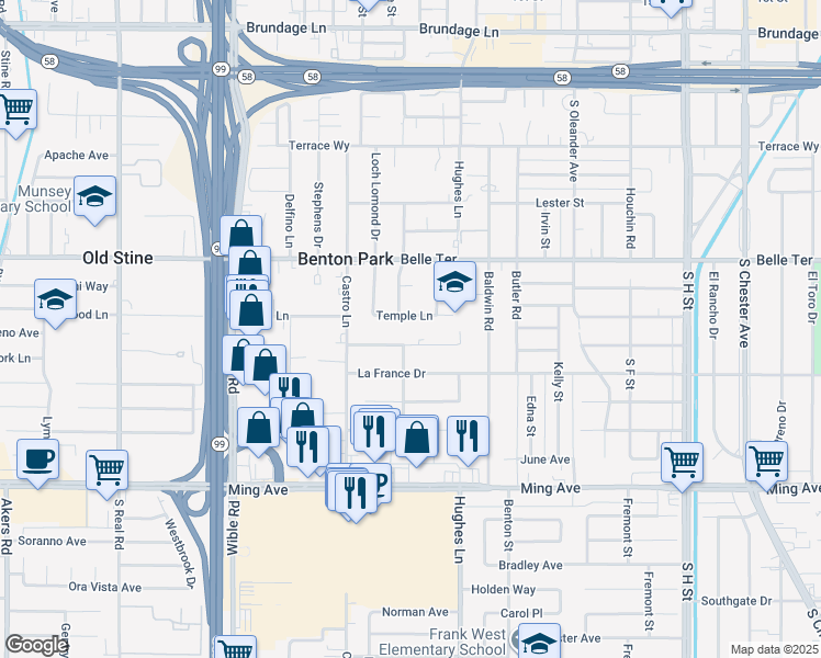 map of restaurants, bars, coffee shops, grocery stores, and more near 2706 Temple Lane in Bakersfield