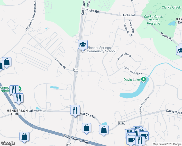map of restaurants, bars, coffee shops, grocery stores, and more near 9907 Davis Lake Parkway in Charlotte