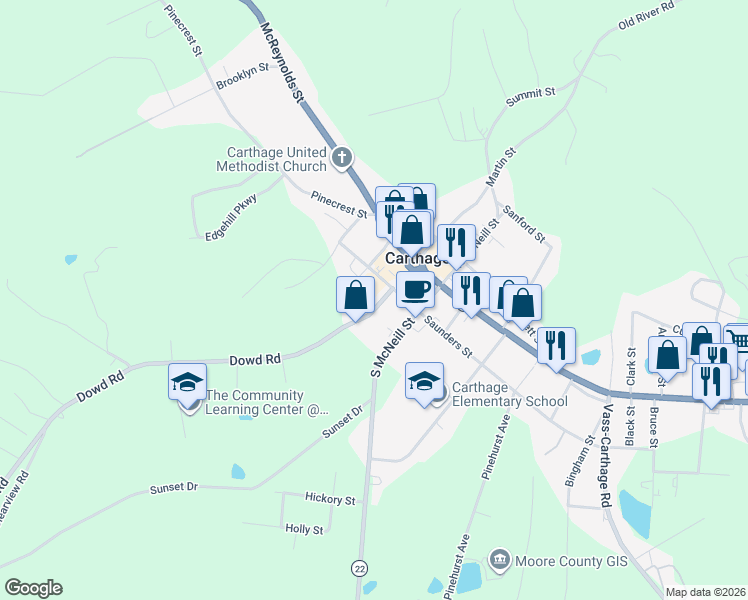 map of restaurants, bars, coffee shops, grocery stores, and more near 208 Dowd Rd in Carthage
