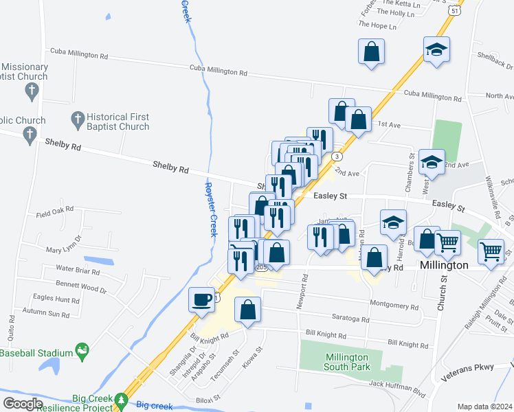 map of restaurants, bars, coffee shops, grocery stores, and more near 4616 Talley Road in Millington