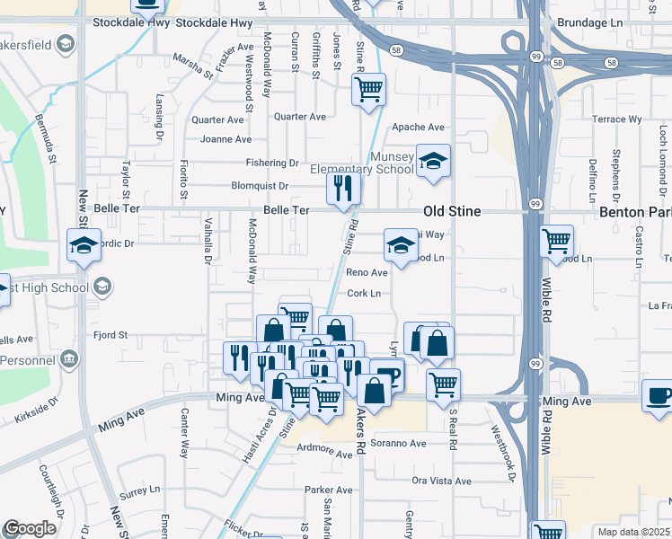 map of restaurants, bars, coffee shops, grocery stores, and more near 1009 Stine Road in Bakersfield
