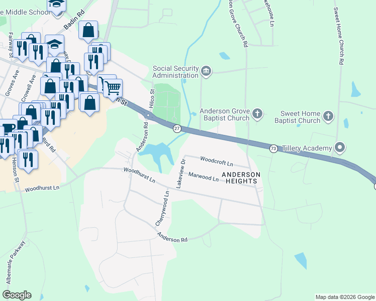 map of restaurants, bars, coffee shops, grocery stores, and more near 2101 Woodcroft Ln in Albemarle