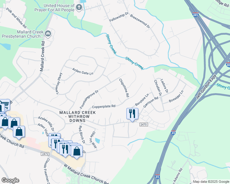 map of restaurants, bars, coffee shops, grocery stores, and more near 2125 Priory Court in Charlotte