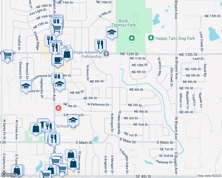 map of restaurants, bars, coffee shops, grocery stores, and more near 631 Northeast 6th Street in Moore