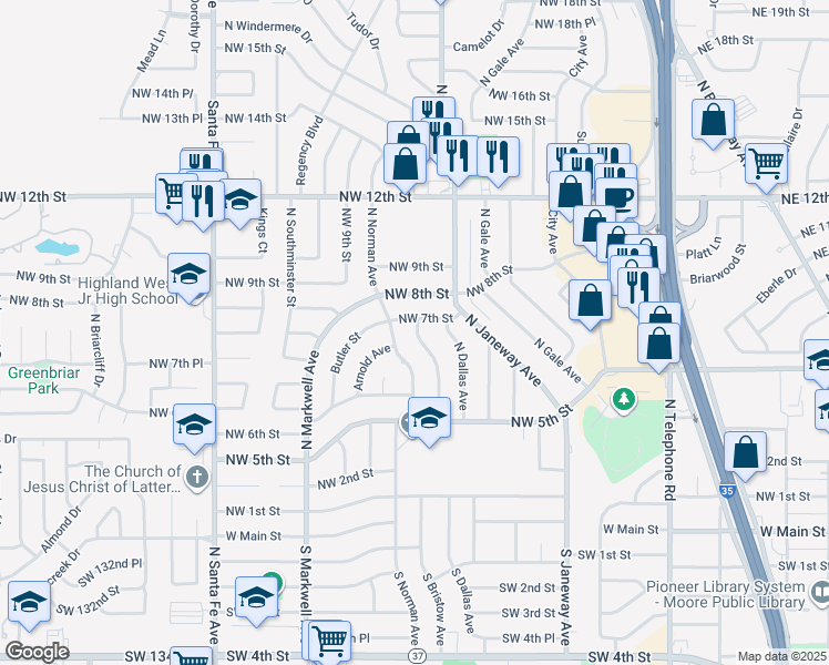 map of restaurants, bars, coffee shops, grocery stores, and more near 741 North Bristow Avenue in Moore