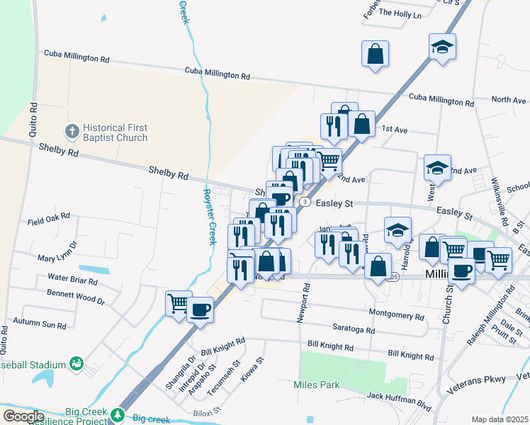 map of restaurants, bars, coffee shops, grocery stores, and more near 4630 Talley Road in Millington