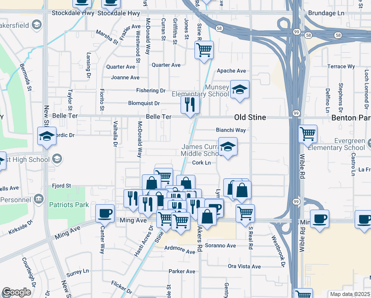 map of restaurants, bars, coffee shops, grocery stores, and more near 1009 Stine Road in Bakersfield
