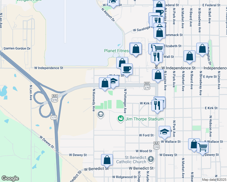 map of restaurants, bars, coffee shops, grocery stores, and more near 1001 North Kennedy Avenue in Shawnee