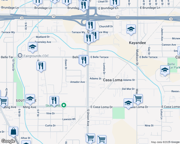map of restaurants, bars, coffee shops, grocery stores, and more near 940 South Union Avenue in Bakersfield